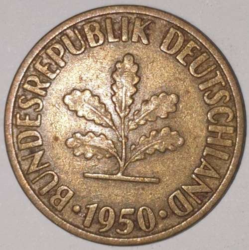 1950 D - 10 PFENNIG - TEN PFENNIG - GERMANY - FEDERAL REPUBLIC - (Brass Clad Steel) KM# 108